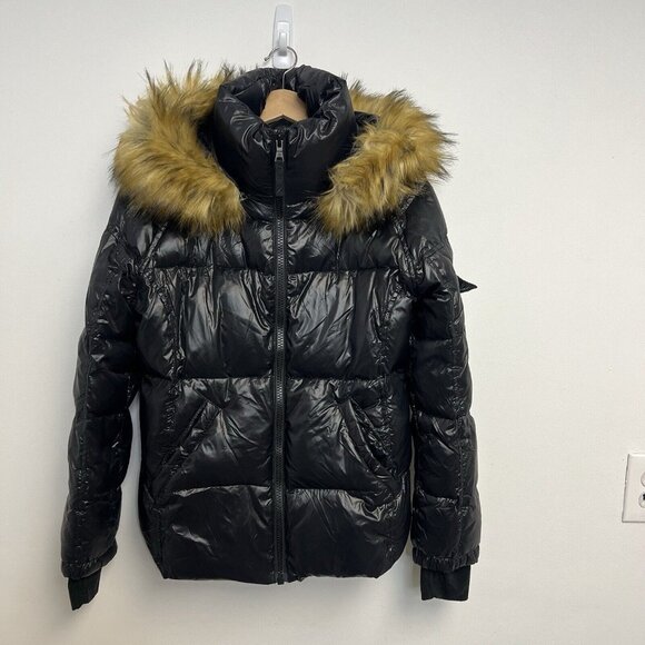 S13 Womens Kylie Down Puffer Jacket with Faux Fur Detachable Hood Sz L Black NWT - Picture 12 of 12